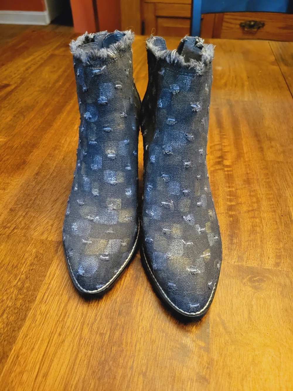 Chocolat Blu Denim Ankle Booties in Black And Gold with Frayed Trim